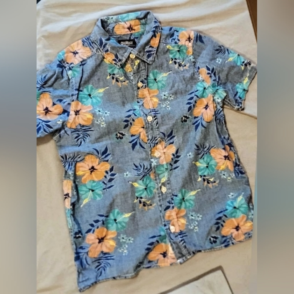 OshKosh Boys Hawaiian Flower Button Up Sz 8